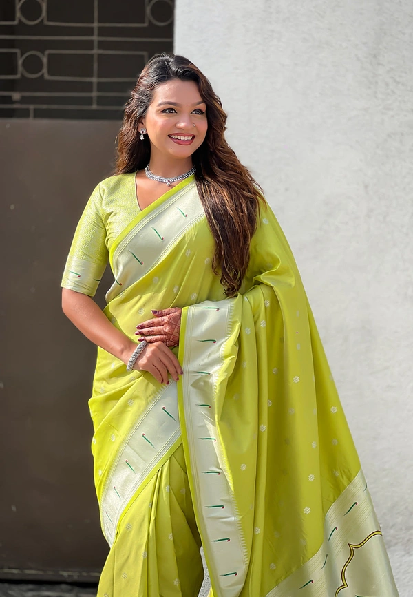 Pastel Paithani Saree with Silver Zari Weaving & Peacock Meenakari Pallu - FREE, GREEN
