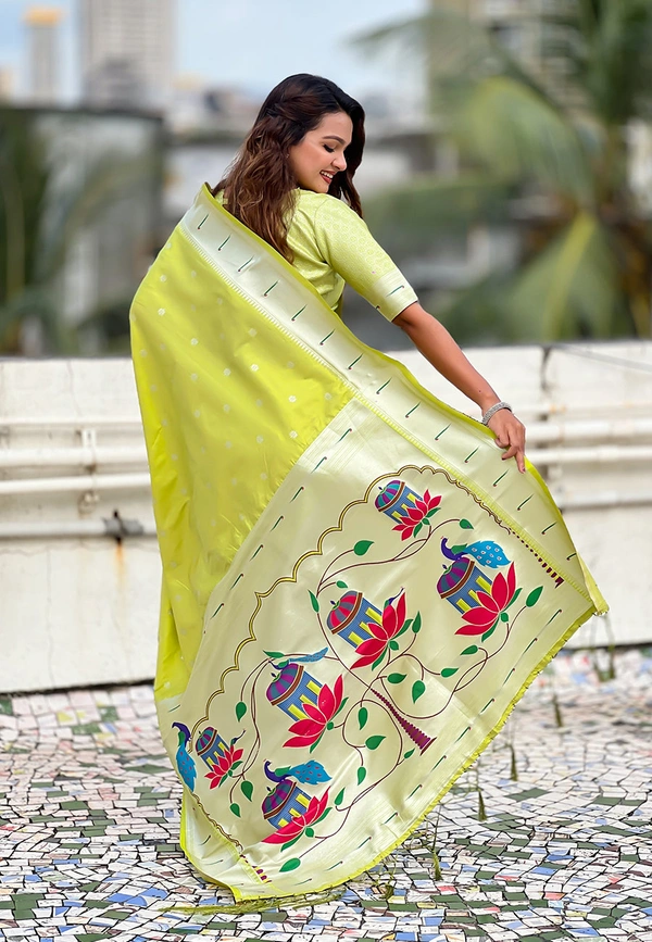 Pastel Paithani Saree with Silver Zari Weaving & Peacock Meenakari Pallu - FREE, GREEN