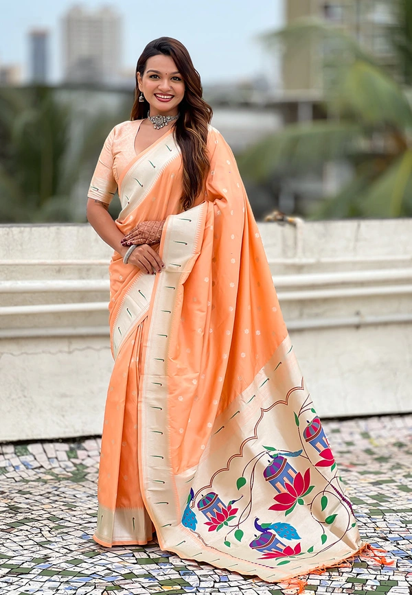 Pastel Paithani Saree with Silver Zari Weaving & Peacock Meenakari Pallu