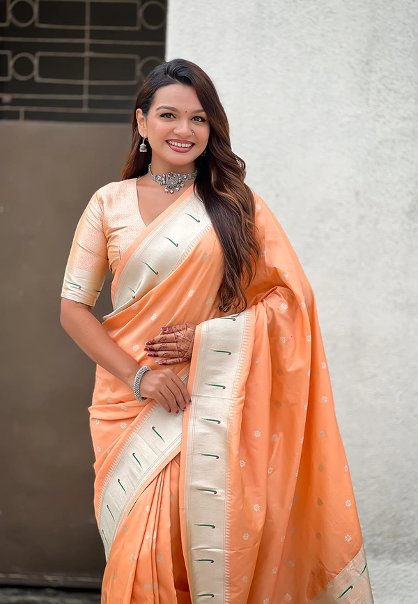 Pastel Paithani Saree with Silver Zari Weaving & Peacock Meenakari Pallu - FREE, PEACH