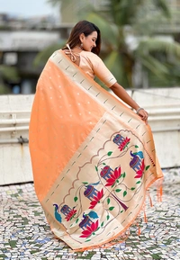 Pastel Paithani Saree with Silver Zari Weaving & Peacock Meenakari Pallu - FREE, PEACH