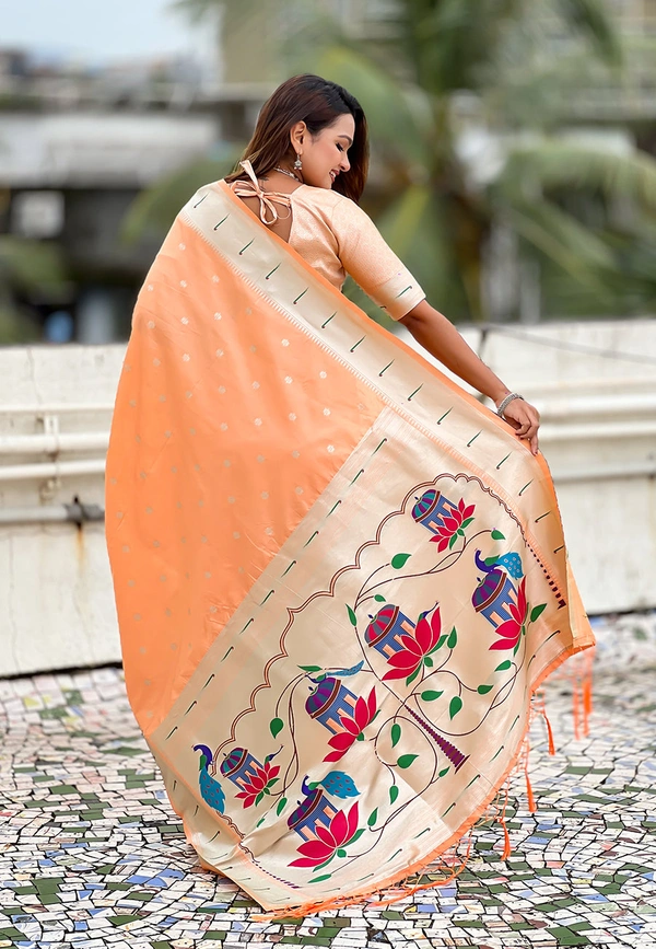 Pastel Paithani Saree with Silver Zari Weaving & Peacock Meenakari Pallu - FREE, PEACH