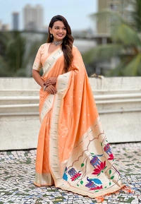 Pastel Paithani Saree with Silver Zari Weaving & Peacock Meenakari Pallu - FREE, PEACH
