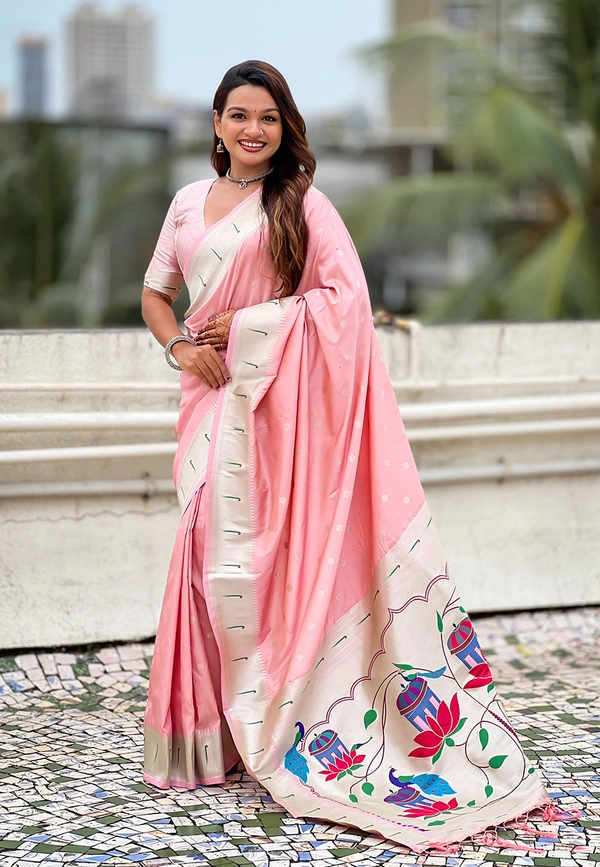 Pastel Paithani Saree with Silver Zari Weaving & Peacock Meenakari Pallu
