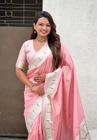 Pastel Paithani Saree with Silver Zari Weaving & Peacock Meenakari Pallu - FREE, BABY PINK