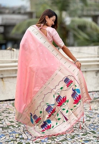 Pastel Paithani Saree with Silver Zari Weaving & Peacock Meenakari Pallu - FREE, BABY PINK