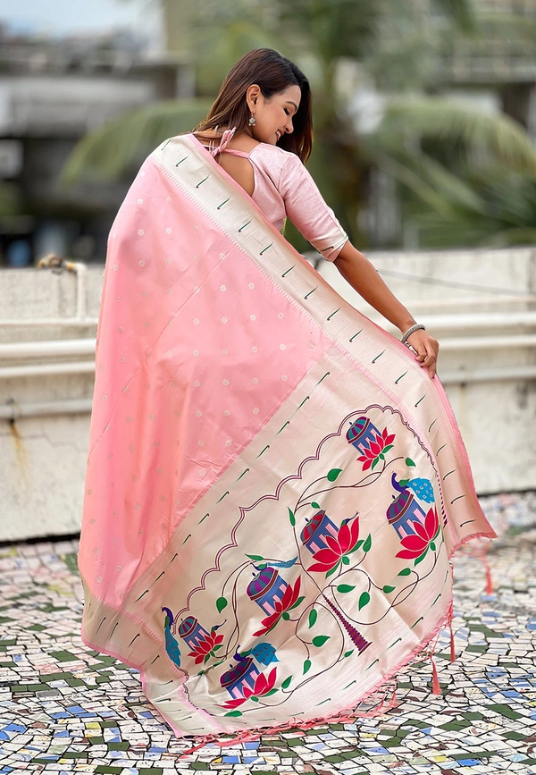 Pastel Paithani Saree with Silver Zari Weaving & Peacock Meenakari Pallu - FREE, BABY PINK