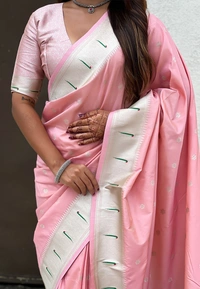 Pastel Paithani Saree with Silver Zari Weaving & Peacock Meenakari Pallu - FREE, BABY PINK