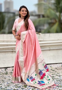 Pastel Paithani Saree with Silver Zari Weaving & Peacock Meenakari Pallu - FREE, BABY PINK