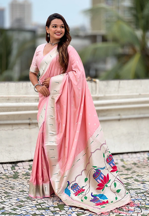 Pastel Paithani Saree with Silver Zari Weaving & Peacock Meenakari Pallu - FREE, BABY PINK