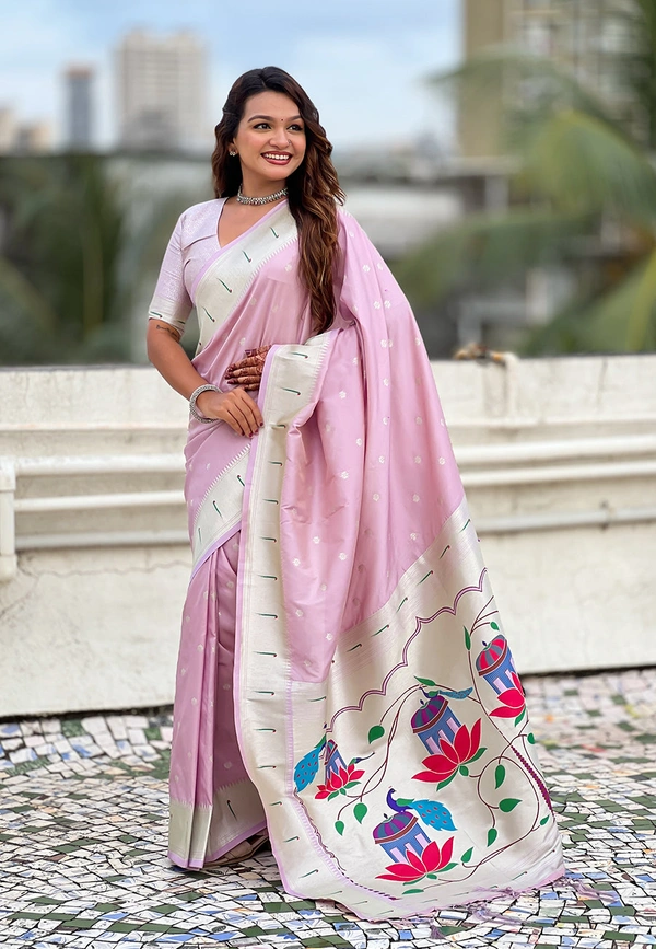 Pastel Paithani Saree with Silver Zari Weaving & Peacock Meenakari Pallu