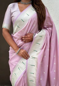 Pastel Paithani Saree with Silver Zari Weaving & Peacock Meenakari Pallu - FREE, LAVENDER
