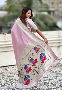 Pastel Paithani Saree with Silver Zari Weaving & Peacock Meenakari Pallu - FREE, LAVENDER