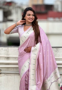 Pastel Paithani Saree with Silver Zari Weaving & Peacock Meenakari Pallu - FREE, LAVENDER