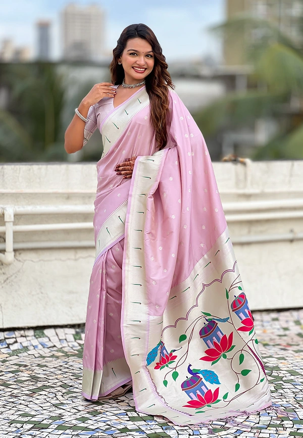 Pastel Paithani Saree with Silver Zari Weaving & Peacock Meenakari Pallu - FREE, LAVENDER