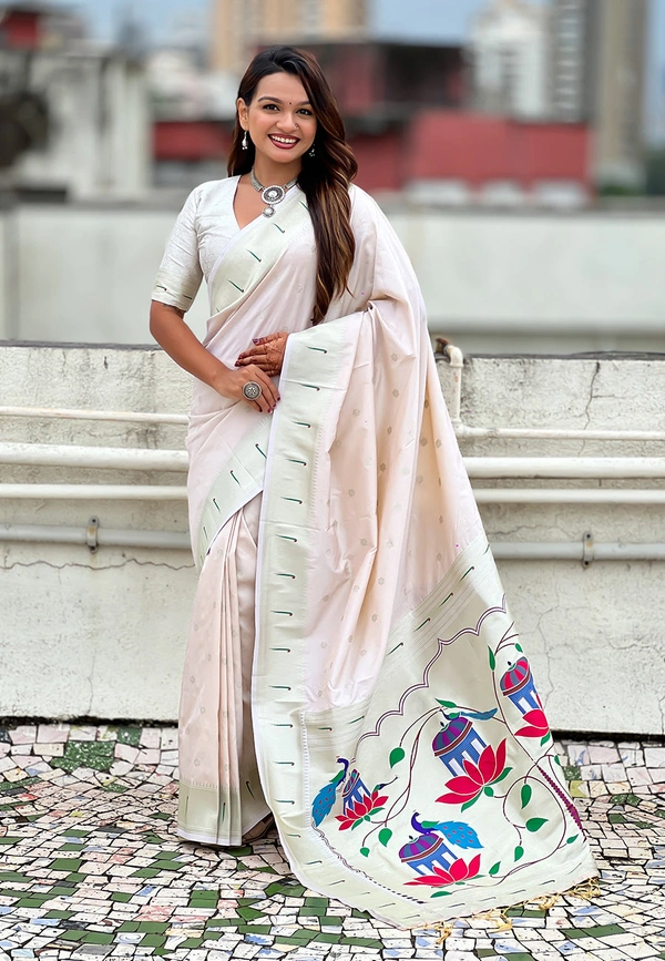 Pastel Paithani Saree with Silver Zari Weaving & Peacock Meenakari Pallu