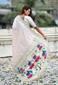 Pastel Paithani Saree with Silver Zari Weaving & Peacock Meenakari Pallu - FREE, CREAM