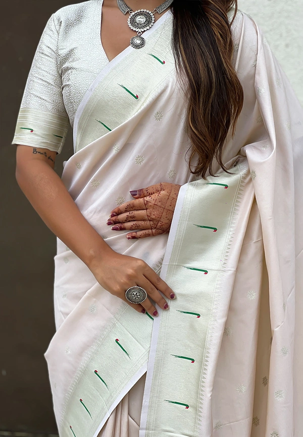 Pastel Paithani Saree with Silver Zari Weaving & Peacock Meenakari Pallu - FREE, CREAM