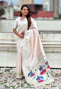 Pastel Paithani Saree with Silver Zari Weaving & Peacock Meenakari Pallu - FREE, CREAM
