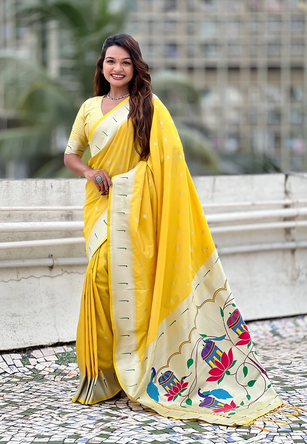 Pastel Paithani Saree with Silver Zari Weaving & Peacock Meenakari Pallu