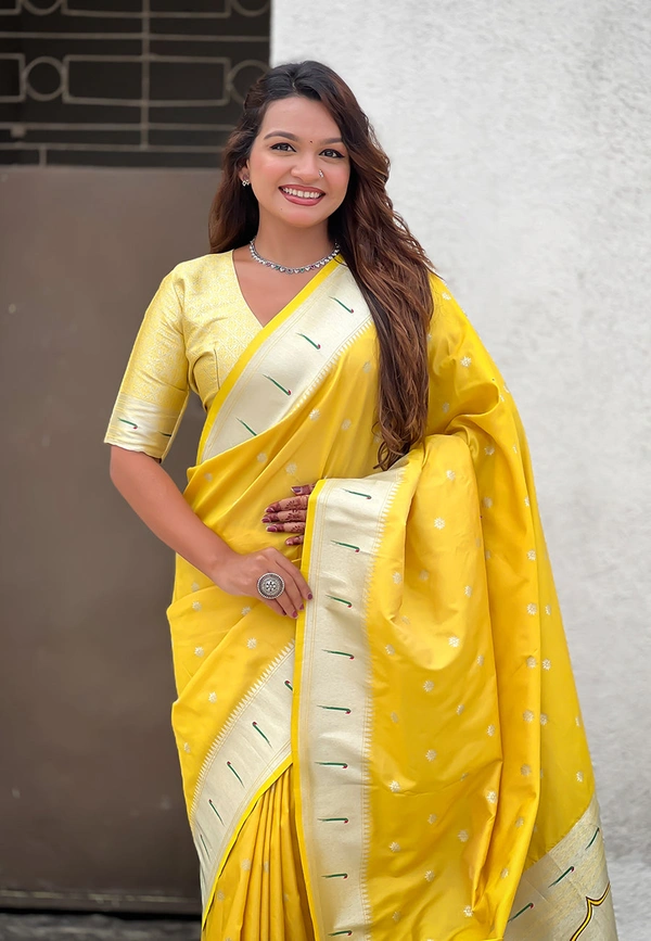 Pastel Paithani Saree with Silver Zari Weaving & Peacock Meenakari Pallu - FREE, YELLOW