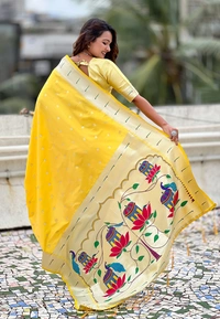 Pastel Paithani Saree with Silver Zari Weaving & Peacock Meenakari Pallu - FREE, YELLOW