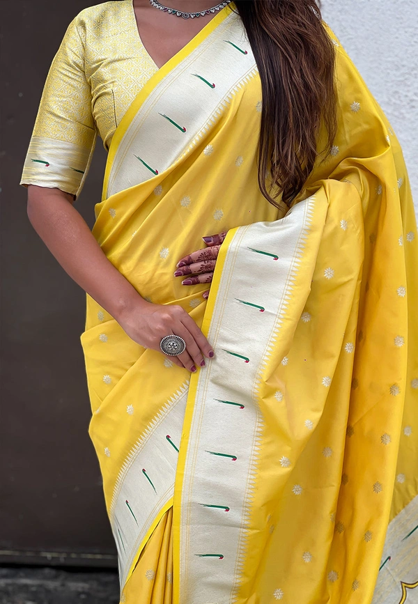 Pastel Paithani Saree with Silver Zari Weaving & Peacock Meenakari Pallu - FREE, YELLOW