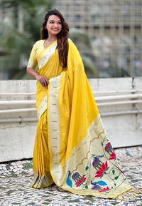 Pastel Paithani Saree with Silver Zari Weaving & Peacock Meenakari Pallu - FREE, YELLOW