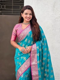 Patola Silk Saree with Meenakari Bandhani Weaves & Rich Zari Pallu - FREE, SKY