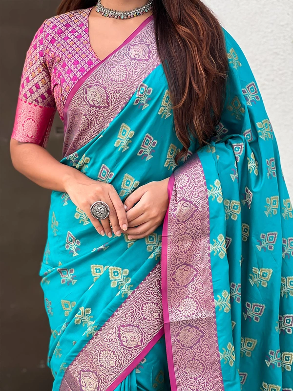Patola Silk Saree with Meenakari Bandhani Weaves & Rich Zari Pallu - FREE, SKY