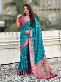 Patola Silk Saree with Meenakari Bandhani Weaves & Rich Zari Pallu - FREE, SKY
