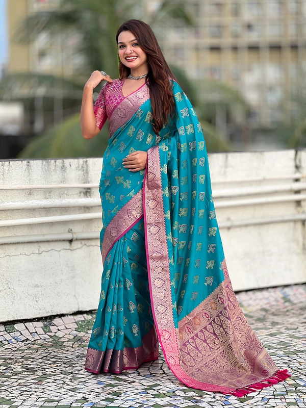 Patola Silk Saree with Meenakari Bandhani Weaves & Rich Zari Pallu - FREE, SKY