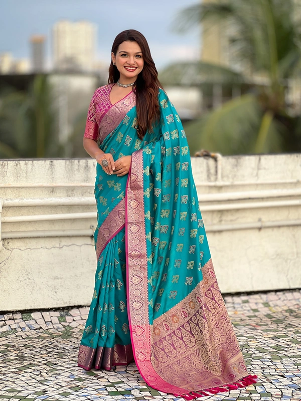 Patola Silk Saree with Meenakari Bandhani Weaves & Rich Zari Pallu - FREE, SKY