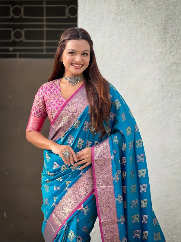 Patola Silk Saree with Meenakari Bandhani Weaves & Rich Zari Pallu - FREE, BLUE