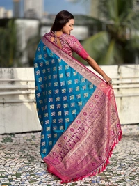 Patola Silk Saree with Meenakari Bandhani Weaves & Rich Zari Pallu - FREE, BLUE
