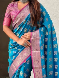 Patola Silk Saree with Meenakari Bandhani Weaves & Rich Zari Pallu - FREE, BLUE