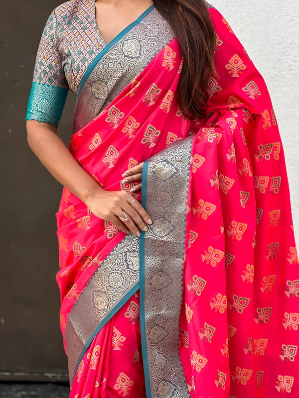Patola Silk Saree with Meenakari Bandhani Weaves & Rich Zari Pallu - FREE, PINK