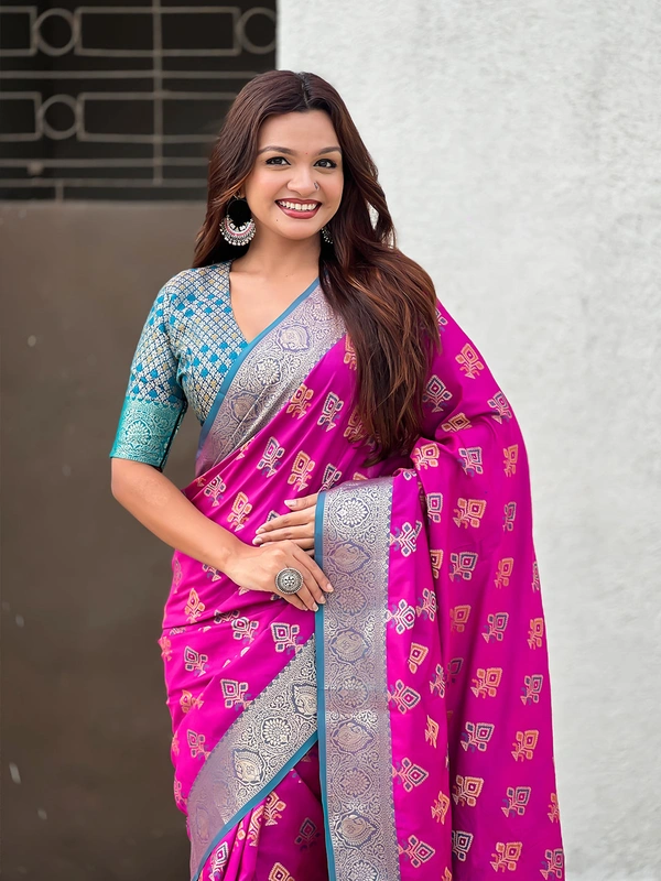 Patola Silk Saree with Meenakari Bandhani Weaves & Rich Zari Pallu - FREE, PURPLE