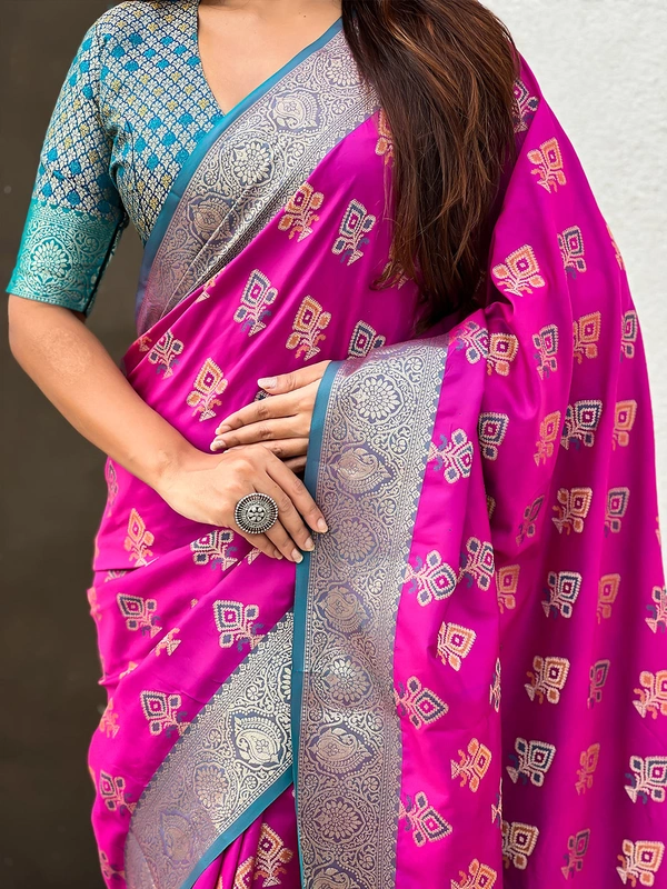 Patola Silk Saree with Meenakari Bandhani Weaves & Rich Zari Pallu - FREE, PURPLE