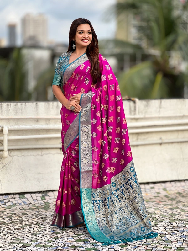 Patola Silk Saree with Meenakari Bandhani Weaves & Rich Zari Pallu - FREE, PURPLE