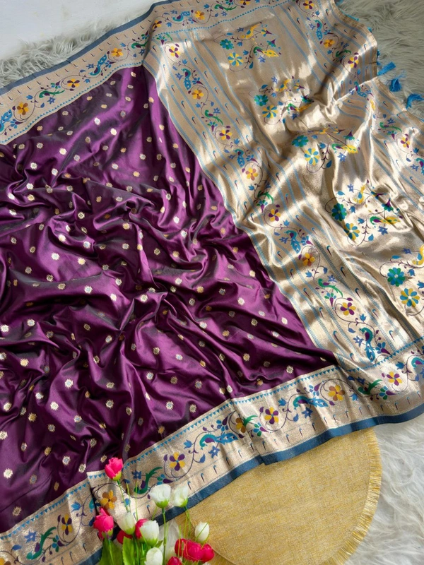 PAITHANI_HOUSE42 Peacock Blue Kanchipuram Soft Silk Saree with Golden Zari Butti - FREE, Wine