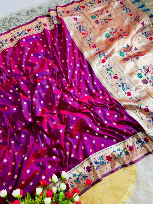 PAITHANI_HOUSE43 Peacock Blue Kanchipuram Soft Silk Saree with Golden Zari Butti - FREE, Deep Magenta