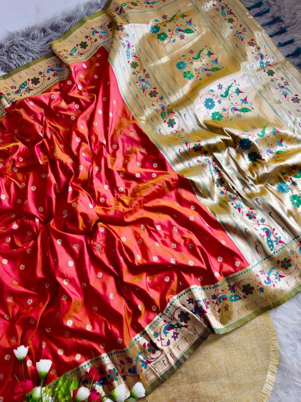 PAITHANI_HOUSE44 Peacock Blue Kanchipuram Soft Silk Saree with Golden Zari Butti - FREE, Tomato Red