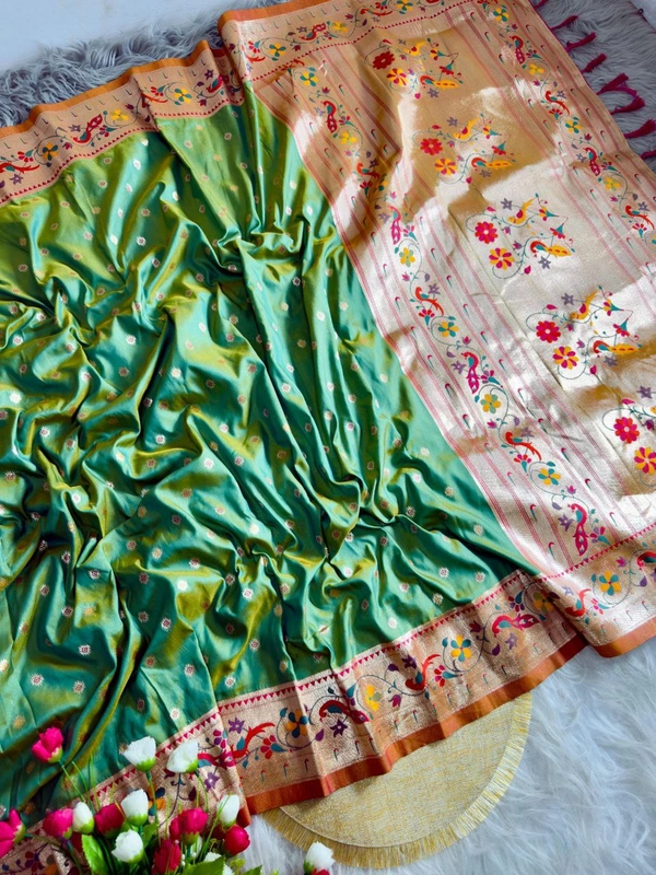 PAITHANI_HOUSE45 Peacock Blue Kanchipuram Soft Silk Saree with Golden Zari Butti - FREE, Light Peacock Green