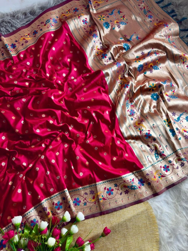 PAITHANI_HOUSE46 Peacock Blue Kanchipuram Soft Silk Saree with Golden Zari Butti - FREE, Deep Rani