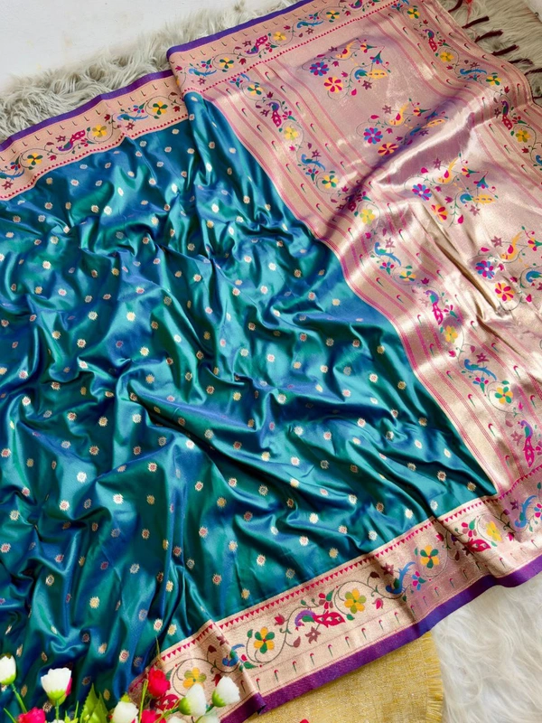 PAITHANI_HOUSE47 Peacock Blue Kanchipuram Soft Silk Saree with Golden Zari Butti - FREE, Teal Green