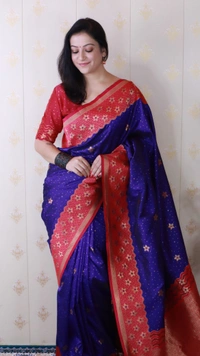 Premium Banarasi Soft Silk Saree with Gold Zari Flower Weaves & Wavy Border - FREE, VIOLET