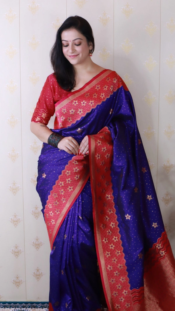 Premium Banarasi Soft Silk Saree with Gold Zari Flower Weaves & Wavy Border - FREE, VIOLET
