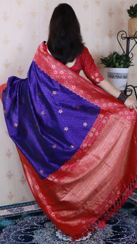Premium Banarasi Soft Silk Saree with Gold Zari Flower Weaves & Wavy Border - FREE, VIOLET