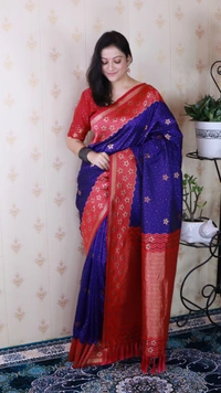 Premium Banarasi Soft Silk Saree with Gold Zari Flower Weaves & Wavy Border - FREE, VIOLET